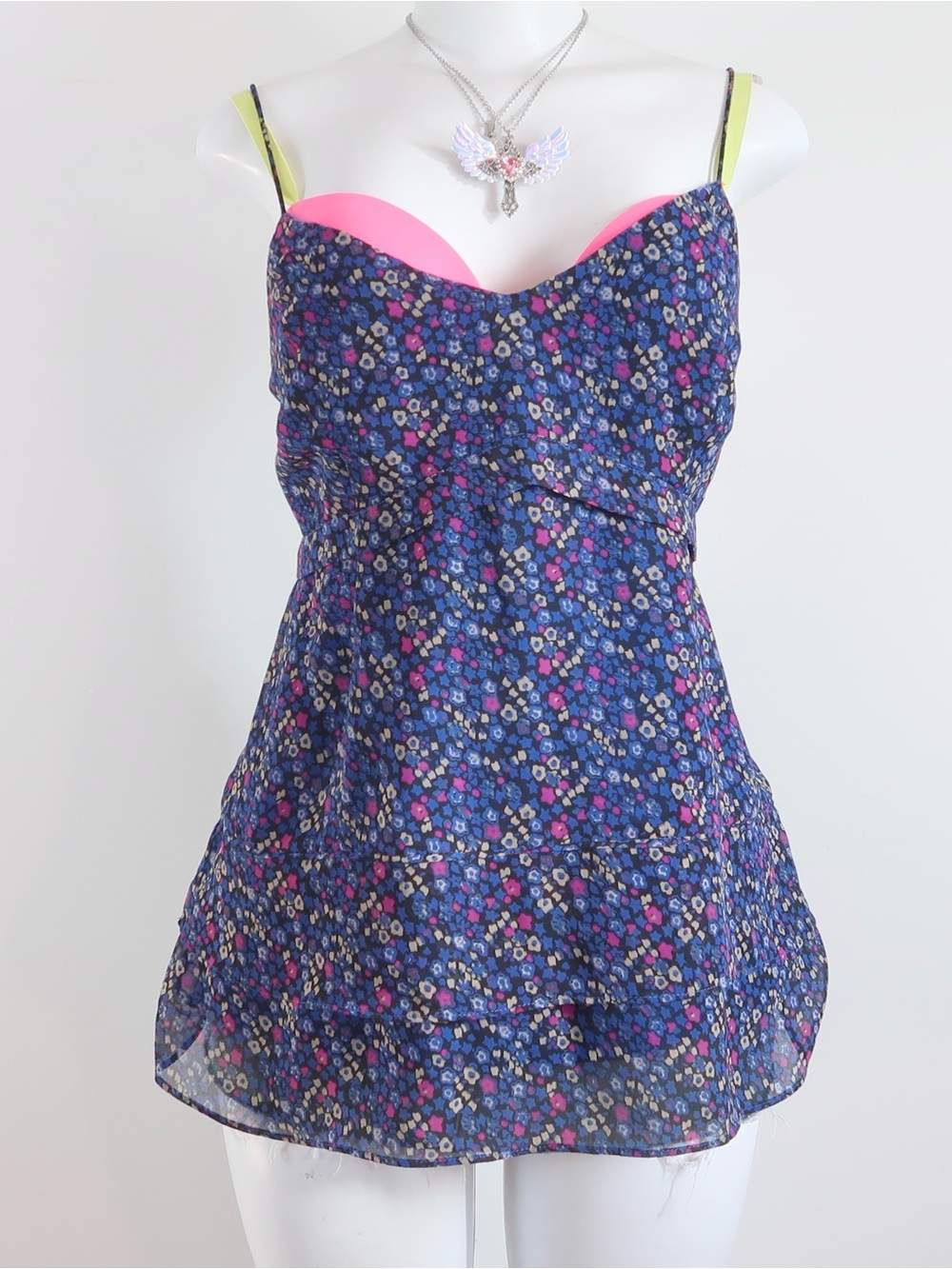 American Eagle Outfitters Navy Floral Chemise with Pink Bust and Lime Straps